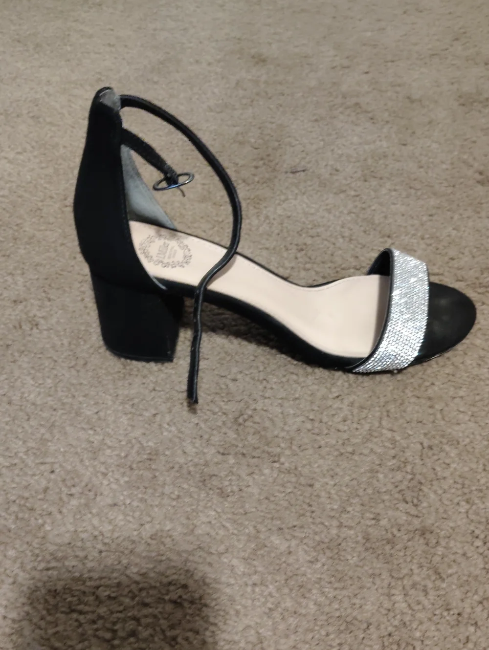 Black Ankle-Strap Block Heels with Rhinestone Toe Band